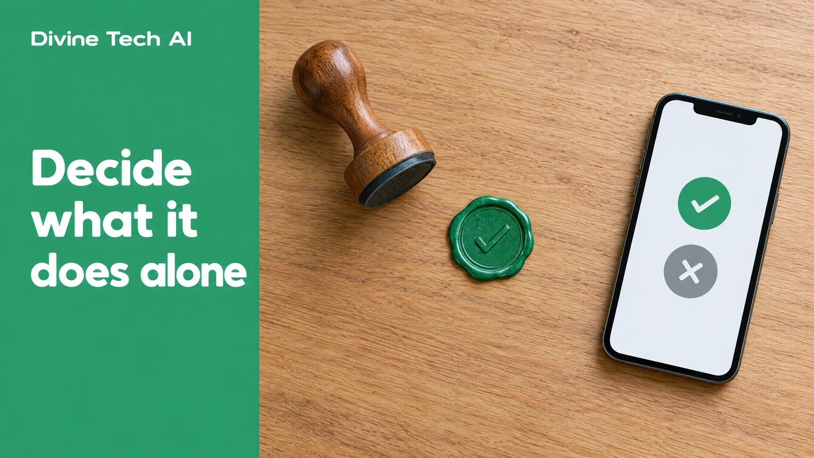 A rubber stamp, a green wax seal and a phone with approve and decline buttons on a wooden desk, beside a green panel with the brand Divine Tech AI and the headline Decide what it does alone