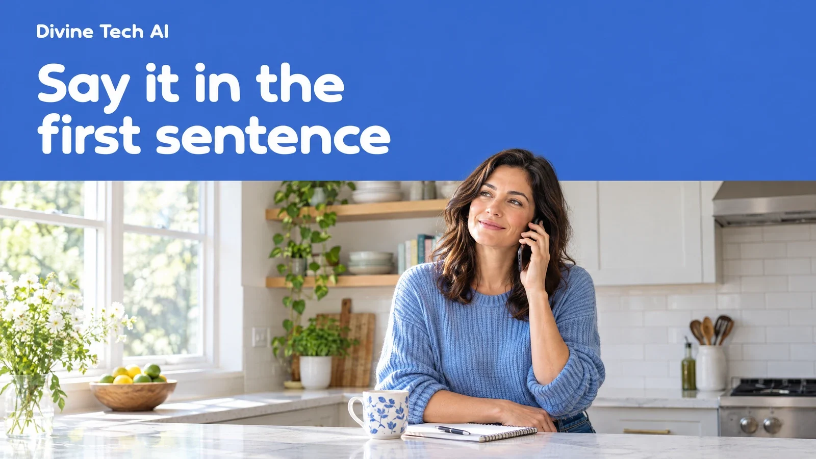 Woman on a phone call in a sunny kitchen under a blue band: Divine Tech AI, Say it in the first sentence