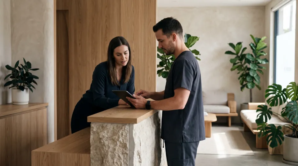 A practitioner and a front-desk colleague reviewing the day’s schedule on a tablet at a modern clinic reception