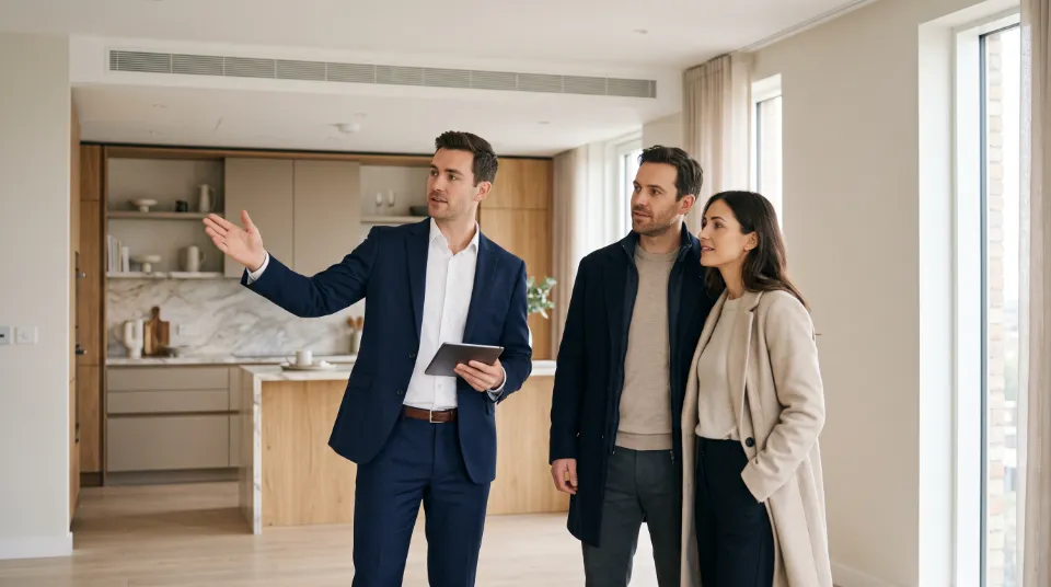 A real-estate broker with a tablet showing a couple around a bright, newly staged apartment