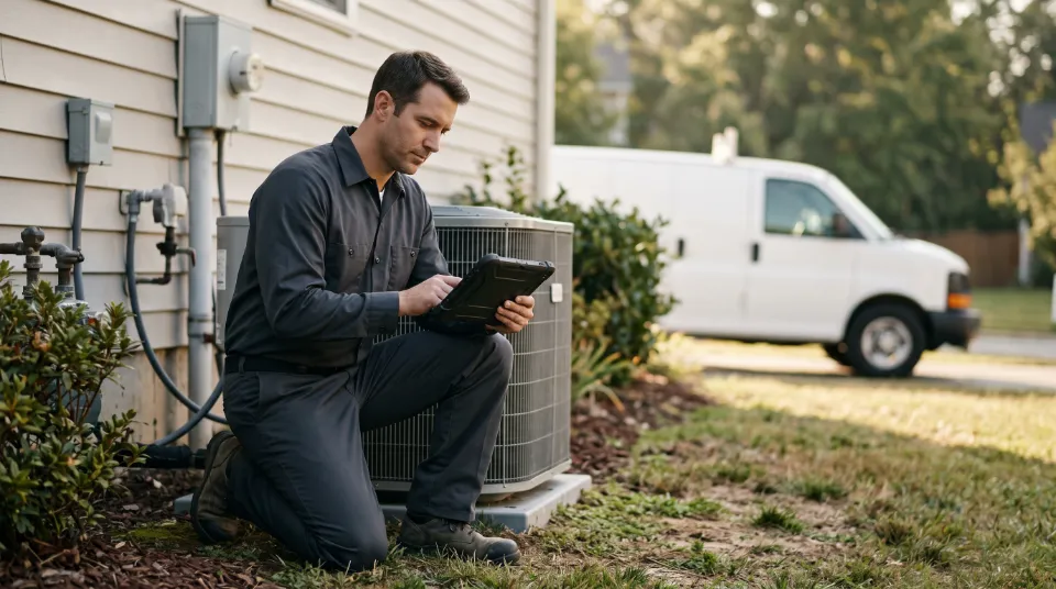 A home-services technician checking readings on a tablet beside an outdoor HVAC unit, his van behind him