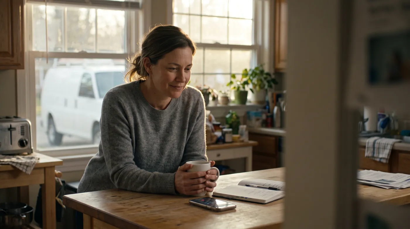 Dana, the owner, at her kitchen counter at 8 am with a coffee, listening to the brief on her phone.