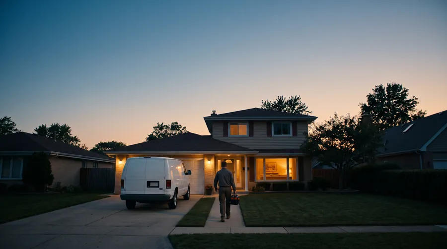At dusk, a home-services technician walks up the path to a family home, his van in the driveway