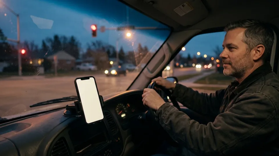 An owner waits at a red light in his van while Aurora handles his calls on the phone on the dash.