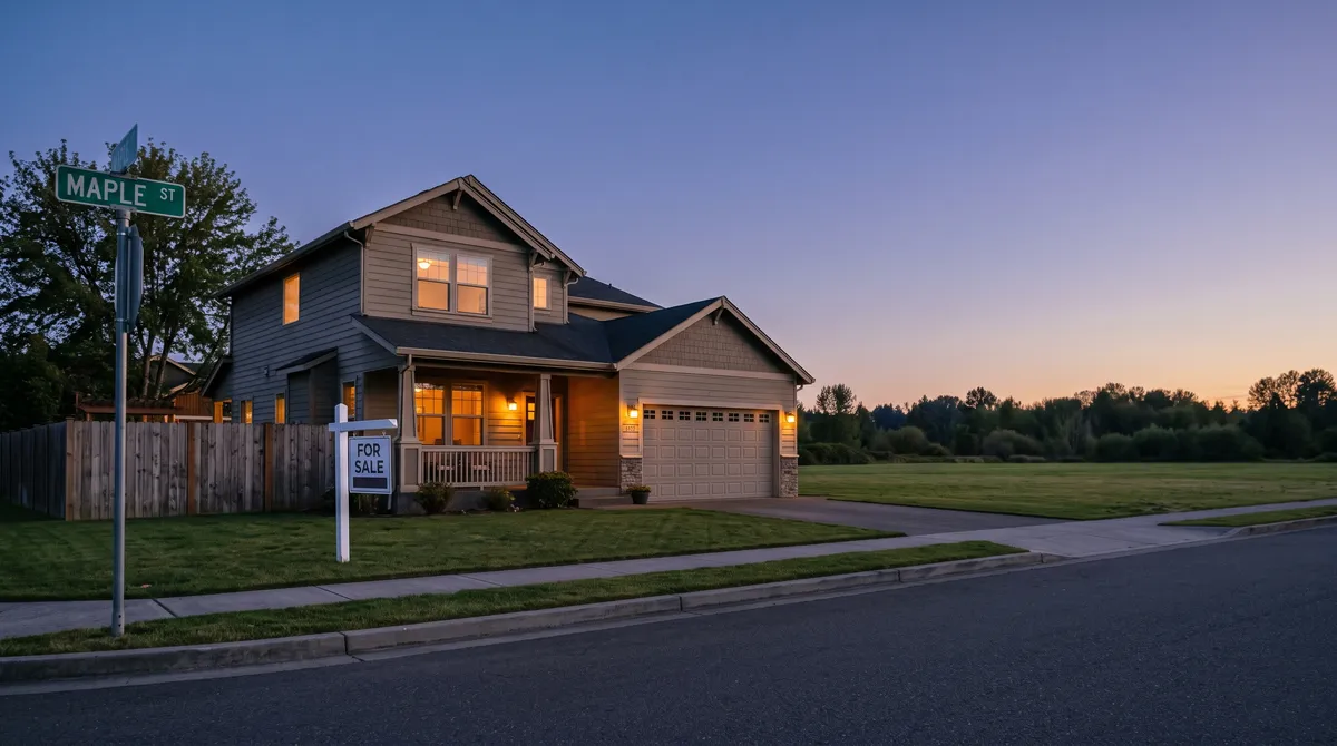 A craftsman family home at dusk with a For Sale sign on the lawn