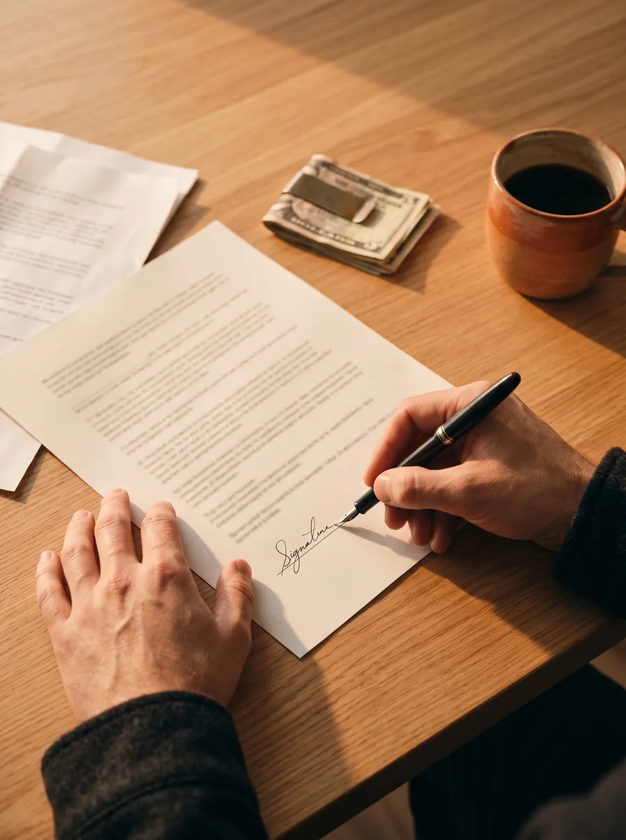 A client signing a sales contract with a fountain pen, a folded stack of dollar bills beside the papers