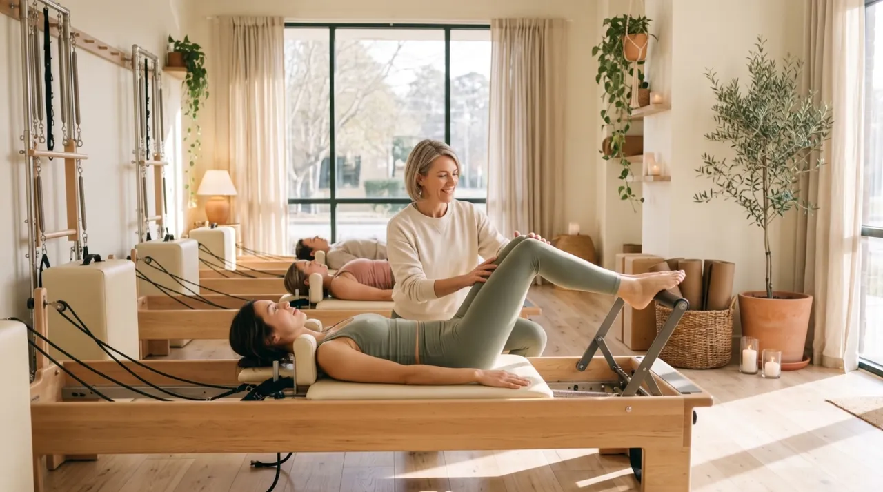 Nina guides a member through footwork on a reformer in a sunlit Pilates class