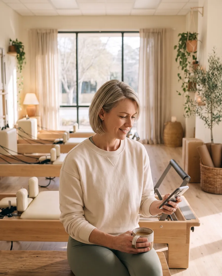 The studio owner reading her phone with a coffee in her empty studio on a Monday morning