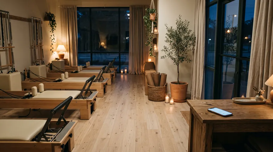 A boutique Pilates studio after closing: oak reformers, candles and an olive tree